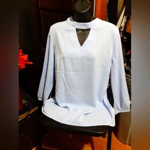Women's Cut Open V Neck Long Sleeve Blouse Size Medium Light Blue 100% Polyester